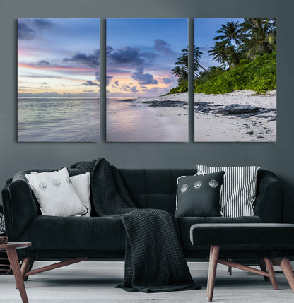 75045485-MGV-CV-60X30-3P-Tropical Beach Wall Art Canvas Print, Framed Sunset Glow Art Picture Print, Palm Tree Coast Perfect Tropical Coastal Decor Artwork