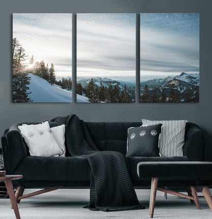 55564749-MGV-CV-60X30-3P-Snowy Mountains Wall Art Canvas Print, Framed Alpine Landscape Art Picture Print, Frosty Peaks Perfect Nordic Minimalist Decor