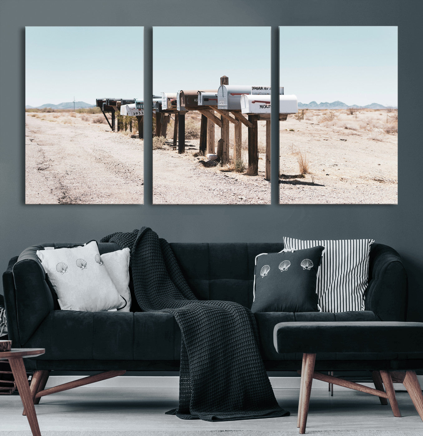 54616109-MGV-CV-60X30-3P-Desert Mailboxes Wall Art – Rustic Rural Roadside Photography Canvas Print, American Southwest Landscape Home Decor for Living