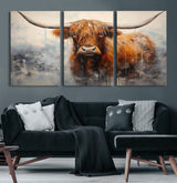 X61001-MGV-CV-60X30-3P-Scottish Highland Wall Art Canvas Print, Framed Longhorn Art Picture Print, Western Cow Perfect Farmhouse Decor Artwork