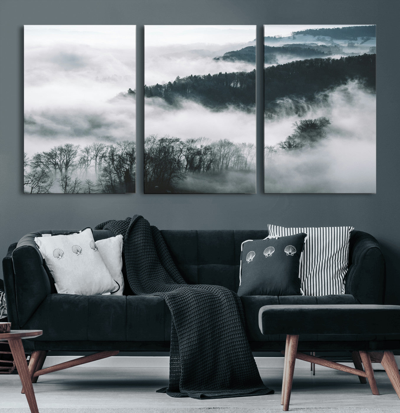67569654-MGV-CV-60X30-3P-Foggy Forest Wall Art – Mist Covered Hills and Trees Landscape Canvas Print, Moody Nature Photography Decor for Living Room,