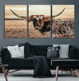 95745718-MGV-CV-60X30-3P-Texas Longhorn Wall Art – Western Cattle Photography Canvas Print, Rustic Ranch Animal Artwork Country Farmhouse Decor for Living