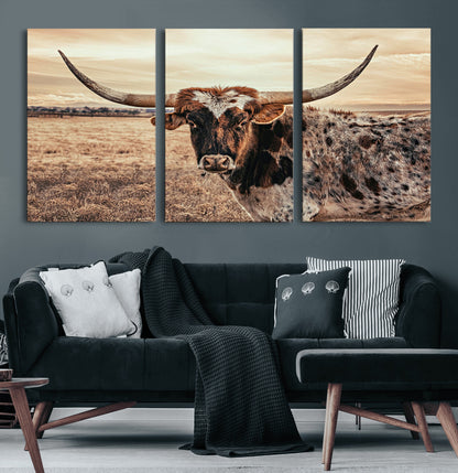 95745718-MGV-CV-60X30-3P-Texas Longhorn Wall Art – Western Cattle Photography Canvas Print, Rustic Ranch Animal Artwork Country Farmhouse Decor for Living