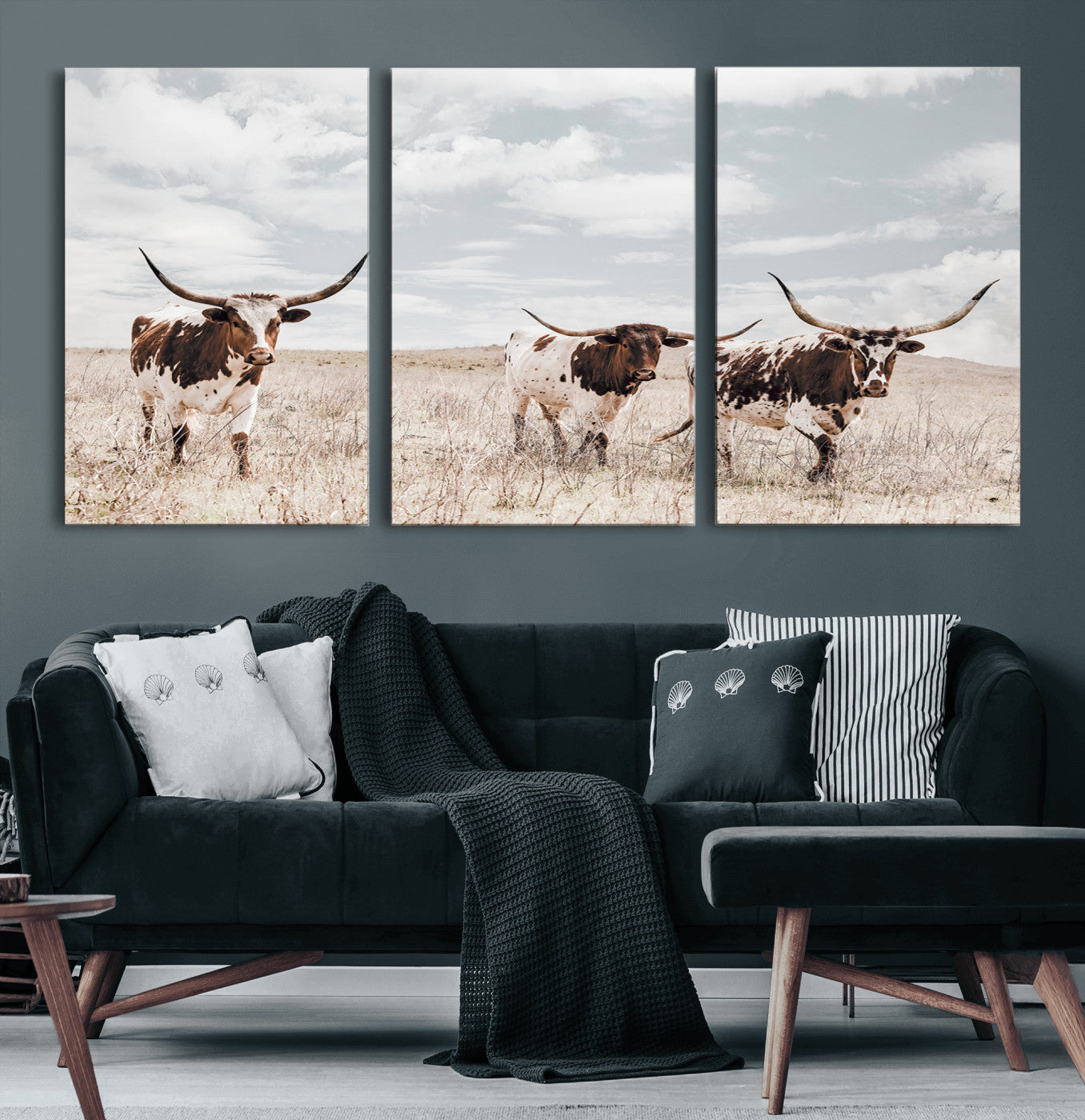 65621083-MGV-CV-60X30-3P-Texas Longhorn Wall Art – Rustic Western Cattle Canvas Print, Southwestern Ranch Photography Decor for Living Room, Office,