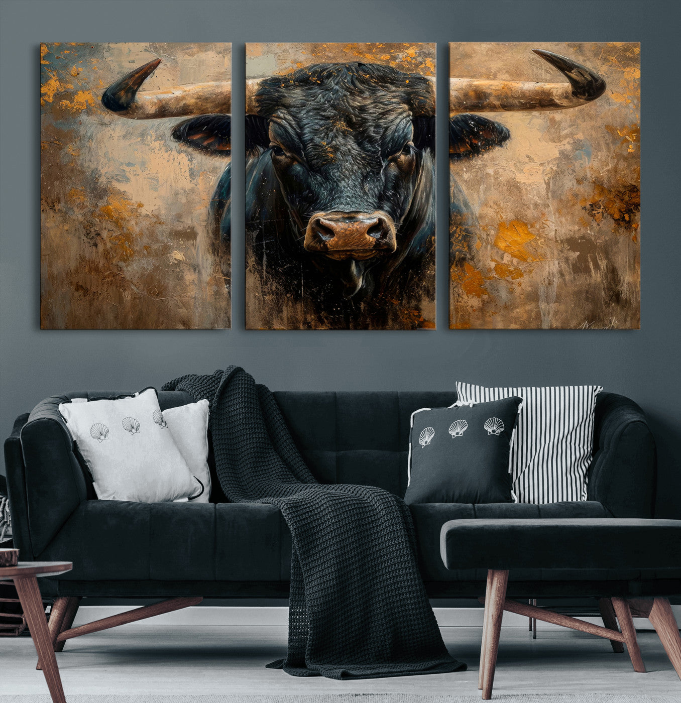 91615410-MGV-CV-60X30-3P-Bull Wall Art – Rustic Western Longhorn Canvas Print, Powerful Abstract Animal Painting, Farmhouse Ranch Decor for Living Room,