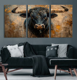 91615410-MGV-CV-60X30-3P-Bull Wall Art – Rustic Western Longhorn Canvas Print, Powerful Abstract Animal Painting, Farmhouse Ranch Decor for Living Room,