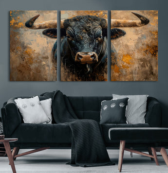 91615410-MGV-CV-60X30-3P-Bull Wall Art – Rustic Western Longhorn Canvas Print, Powerful Abstract Animal Painting, Farmhouse Ranch Decor for Living Room,