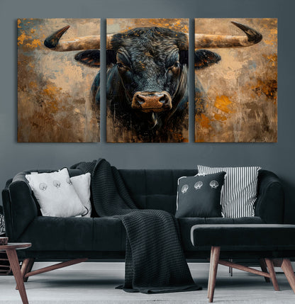 91615410-MGV-CV-60X30-3P-Bull Wall Art – Rustic Western Longhorn Canvas Print, Powerful Abstract Animal Painting, Farmhouse Ranch Decor for Living Room,