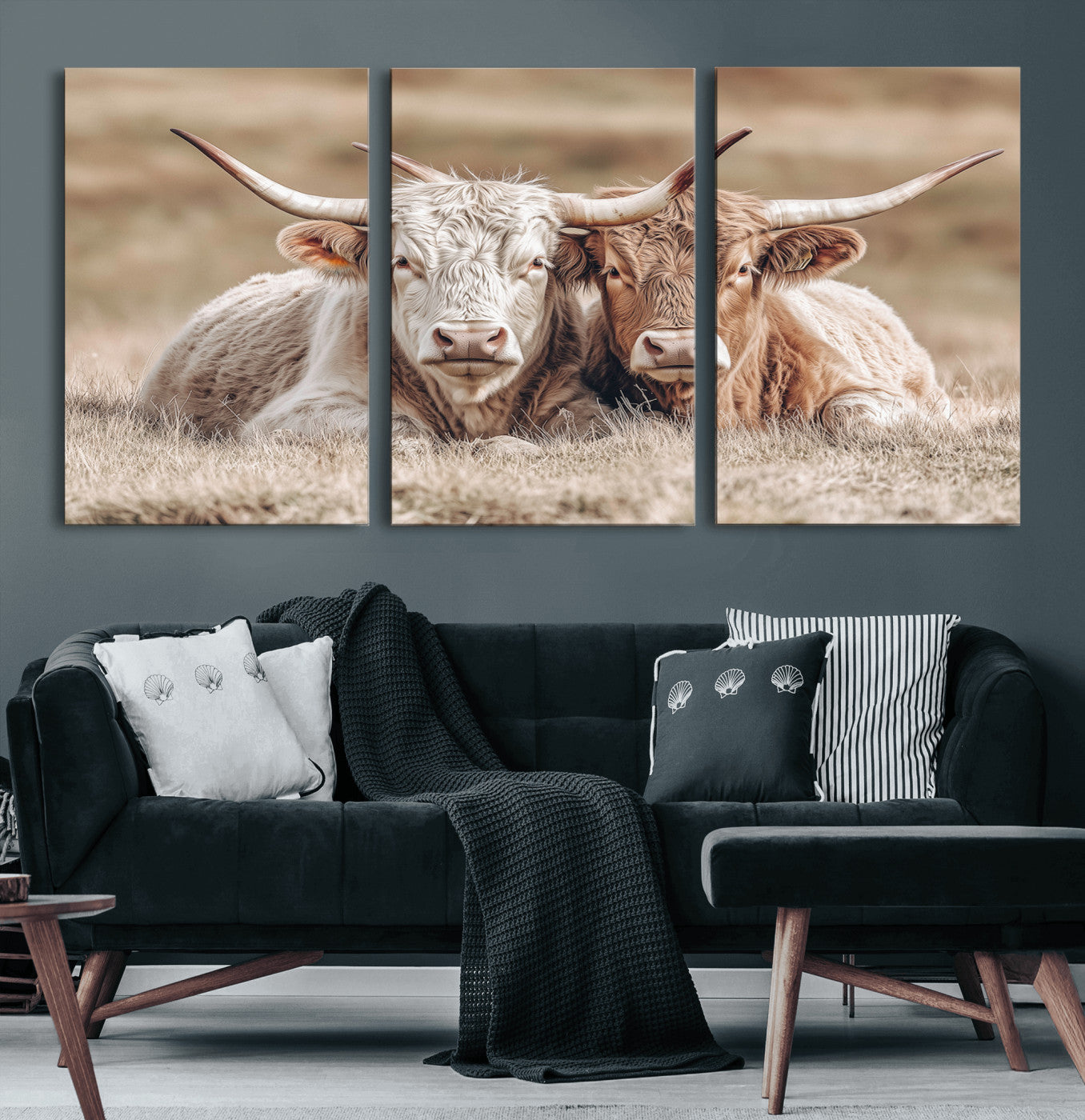 38651722-MGV-CV-36X24-Cow Wall Art – Rustic Longhorn Pair Canvas Print, Western Farmhouse Animal Painting, Country Ranch Decor for Living Room, Bedroom,