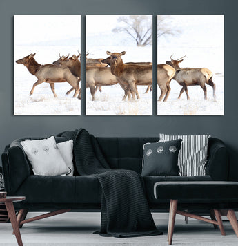 41416314-MGV-CV-60X30-3P-Elk Wall Art – Wildlife Herd Canvas Print in Snowy Landscape, Rustic Nature Painting, Western Cabin Lodge Decor for Living Room,