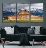 15173627-MGV-CV-60X30-3P-Barn Wall Art – Rustic Wooden Cabin Canvas Print with Snowy Mountain Landscape, Western Farmhouse Country Decor for Living Room,