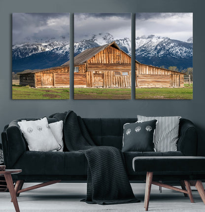 15173627-MGV-CV-60X30-3P-Barn Wall Art – Rustic Wooden Cabin Canvas Print with Snowy Mountain Landscape, Western Farmhouse Country Decor for Living Room,