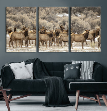93076148-MGV-CV-36X24-Elk Herd Wall Art – Wildlife Canvas Print of Elk in Winter Landscape, Rustic Western Cabin & Lodge Décor, Nature Photography for
