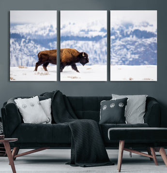 21623194-MGV-CV-60X30-3P-Snow Bison Wall Art – Majestic Buffalo Wildlife Canvas Print, Winter Nature Décor for Rustic Living Room, Farmhouse, Cabin, Lodge