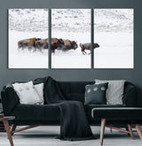 61161423-MGV-CV-60X30-3P-Running Bison Herd Wall Art – Winter Buffalo Canvas Print, Wildlife Photography Decor for Rustic Living Room, Farmhouse, Lodge,