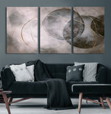 20066876-MGV-CV-60X30-3P-Neutral Abstract Circle Wall Art – Modern Gray Beige Gold Canvas Print, Minimalist Geometric Painting for Bedroom, Living Room,
