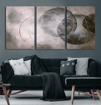 20066876-MGV-CV-60X30-3P-Neutral Abstract Circle Wall Art – Modern Gray Beige Gold Canvas Print, Minimalist Geometric Painting for Bedroom, Living Room,