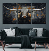 93195031-MGV-CV-60X30-3P-Dark Longhorn Bull Wall Art – Western Steer Canvas Print, Moody Rustic Animal Painting for Man Cave, Ranch House, Office or Modern
