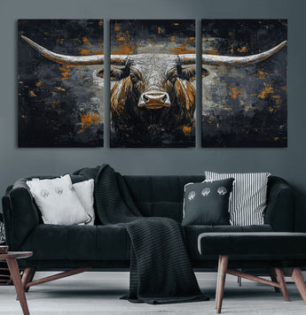 93195031-MGV-CV-60X30-3P-Dark Longhorn Bull Wall Art – Western Steer Canvas Print, Moody Rustic Animal Painting for Man Cave, Ranch House, Office or Modern