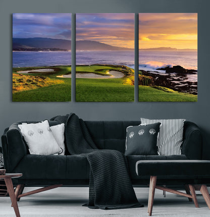 39644075-MGV-CV-60X30-3P-Golf Course Wall Art – Coastal Sunset Canvas Print, Scenic Oceanfront Fairway Landscape Decor for Office, Man Cave, or Living Room