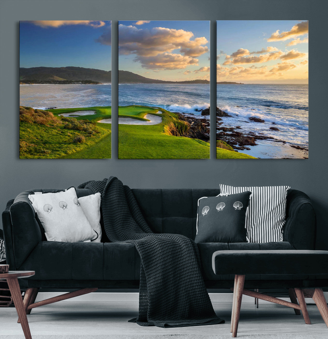 50107048-MGV-CV-60X30-3P-Golf Course Wall Art – Coastal Ocean View Canvas Print, Scenic Fairway Landscape Decor for Office, Man Cave, Bedroom, or Living