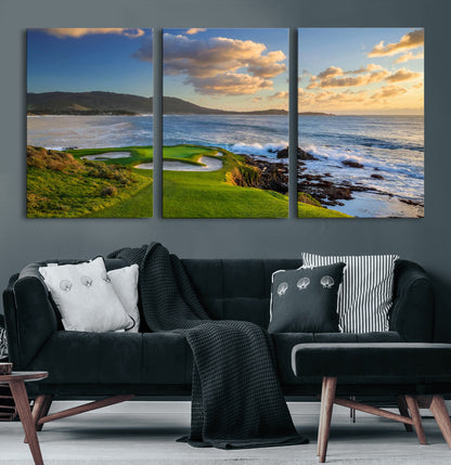 50107048-MGV-CV-60X30-3P-Golf Course Wall Art – Coastal Ocean View Canvas Print, Scenic Fairway Landscape Decor for Office, Man Cave, Bedroom, or Living
