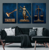 91629053-MGV-CV-60X30-3P-Lady Justice Wall Art – Golden Gavel and Scales Canvas Print, Elegant Legal Office Decor for Lawyers, Judges, Courtroom or Study