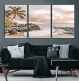 14214613-MGV-CV-60X30-3P-Tropical Beach Wall Art – Palm Tree and Ocean Sunset Canvas Print, Relaxing Coastal Landscape Decor for Living Room, Bedroom, or