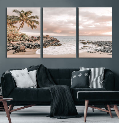 14214613-MGV-CV-60X30-3P-Tropical Beach Wall Art – Palm Tree and Ocean Sunset Canvas Print, Relaxing Coastal Landscape Decor for Living Room, Bedroom, or