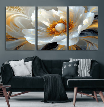 39604126-MGV-CV-60X30-3P-Abstract Flower Wall Art – Elegant White and Gold Bloom Canvas Print, Modern Floral Artwork for Bedroom, Living Room, or Office