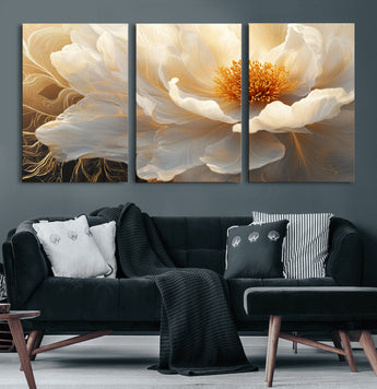 29539087-MGV-CV-60X30-3P-Floral Wall Art – Elegant White and Gold Bloom Canvas Print, Romantic Modern Flower Artwork for Bedroom, Living Room, or Office