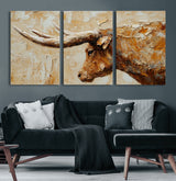 69611428-MGV-CV-36X24-Longhorn Bull Wall Art – Rustic Western Canvas Print, Textured Farmhouse Cattle Painting for Living Room, Office, or Ranch House
