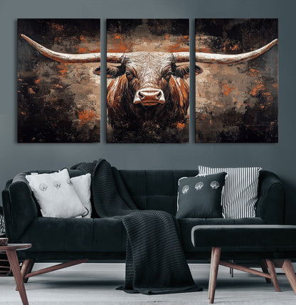 24779067-MGV-CV-60X30-3P-Longhorn Bull Wall Art – Western Rustic Canvas Print, Bold Cowboy Cattle Painting for Ranch House, Farmhouse, Office, or Living