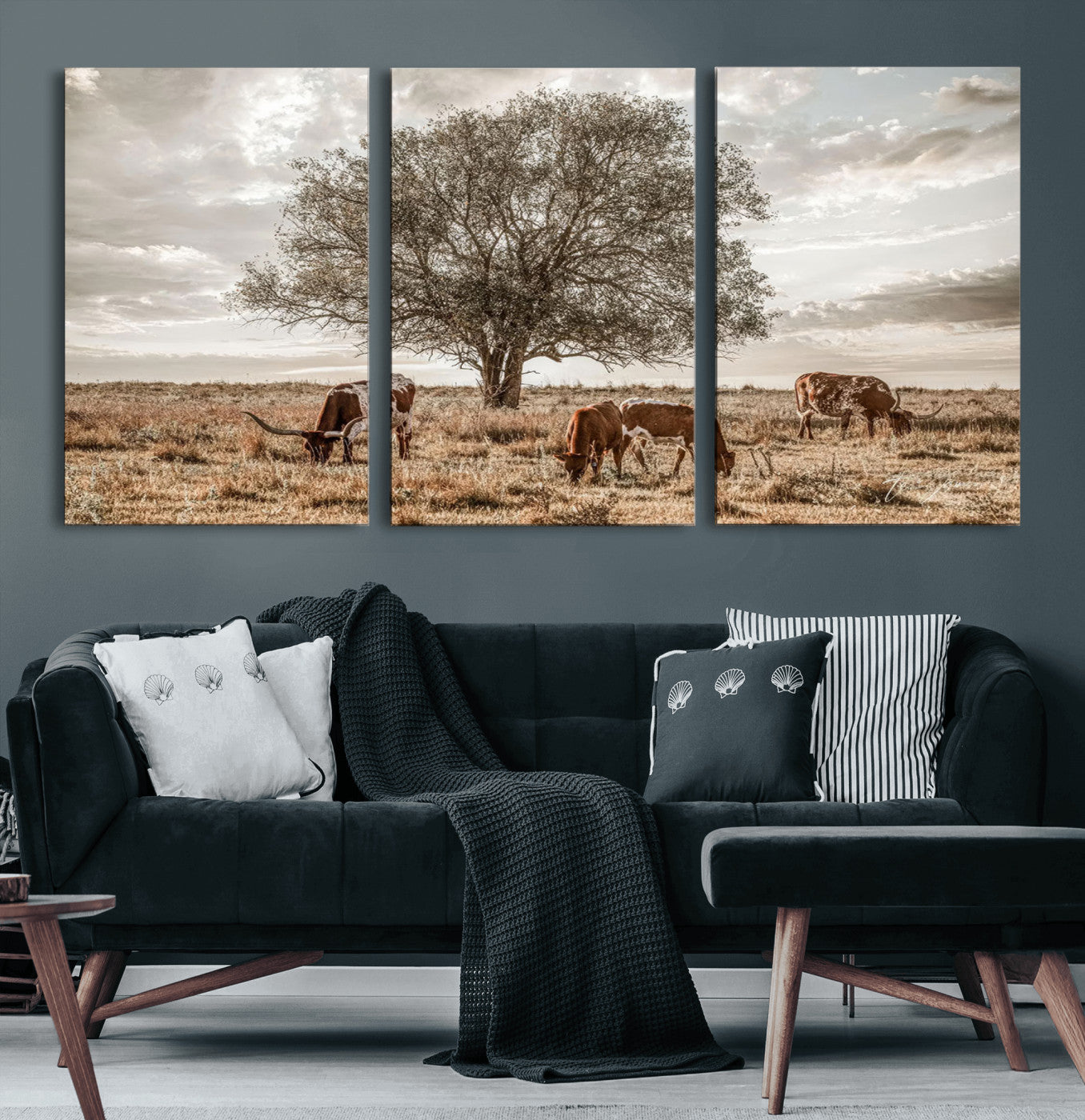 87590224-MGV-CV-60X30-3P-Longhorn Cattle Wall Art – Rustic Western Landscape Canvas Print, Texas Farmhouse Prairie Scene for Living Room, Office, or Ranch