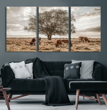 87590224-MGV-CV-60X30-3P-Longhorn Cattle Wall Art – Rustic Western Landscape Canvas Print, Texas Farmhouse Prairie Scene for Living Room, Office, or Ranch