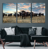 13867292-MGV-CV-60X30-3P-Black Cattle Wall Art – Rustic Ranch Herd Canvas Print, Western Farmhouse Country Landscape Decor for Living Room, Office, or