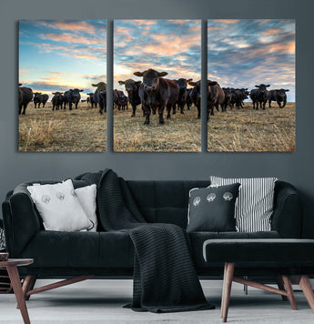 13867292-MGV-CV-60X30-3P-Black Cattle Wall Art – Rustic Ranch Herd Canvas Print, Western Farmhouse Country Landscape Decor for Living Room, Office, or