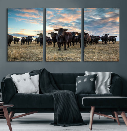 13867292-MGV-CV-60X30-3P-Black Cattle Wall Art – Rustic Ranch Herd Canvas Print, Western Farmhouse Country Landscape Decor for Living Room, Office, or