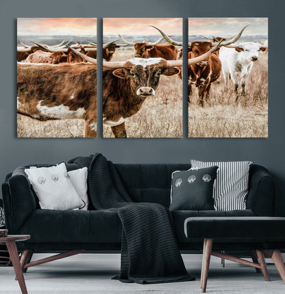 47758300-MGV-CV-60X30-3P-Texas Longhorn Cattle Wall Art – Rustic Western Herd Canvas Print, Cowboy Ranch Farmhouse Decor for Living Room, Office, or