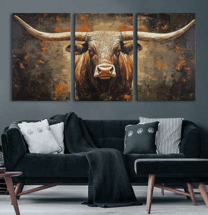 19204445-MGV-CV-60X30-3P-Texas Longhorn Bull Wall Art – Rustic Western Canvas Print, Bold Cowboy Cattle Painting for Ranch House, Farmhouse, Office, or