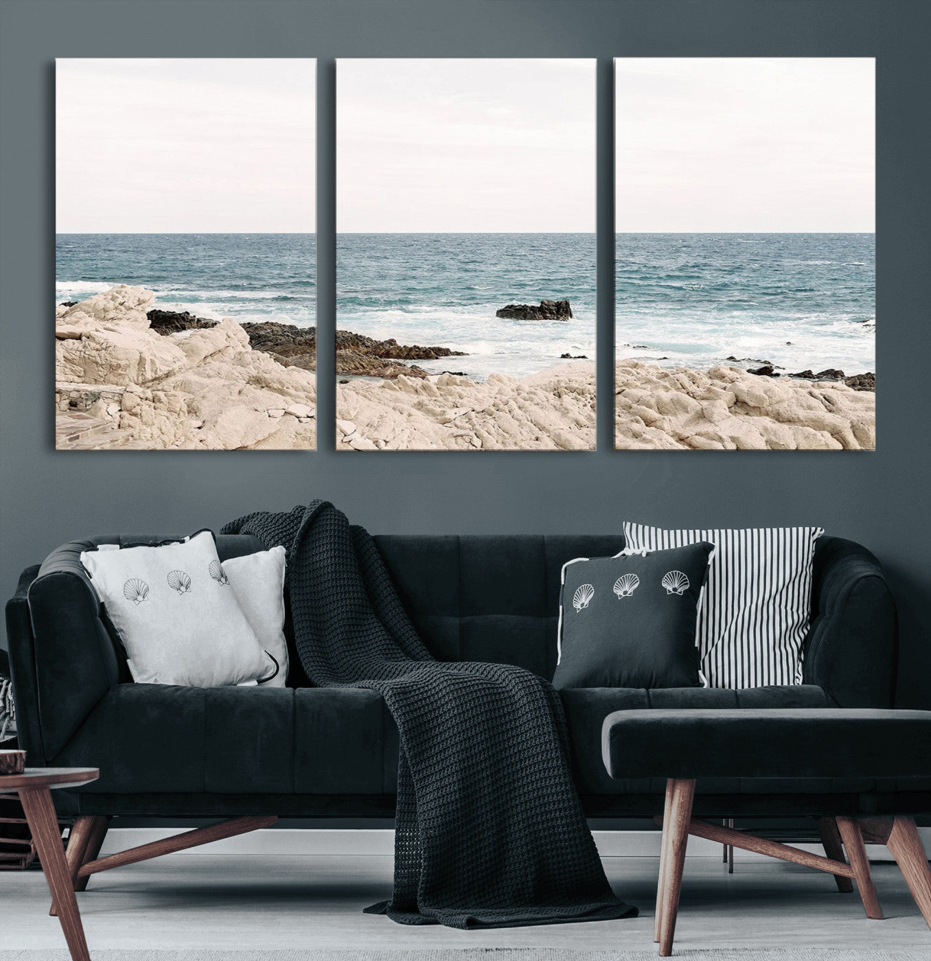 25481980-MGV-CV-60X30-3P-Ocean Coastal Wall Art – Rocky Shoreline and Waves Canvas Print, Serene Beach Landscape Decor for Living Room, Bedroom, or Office