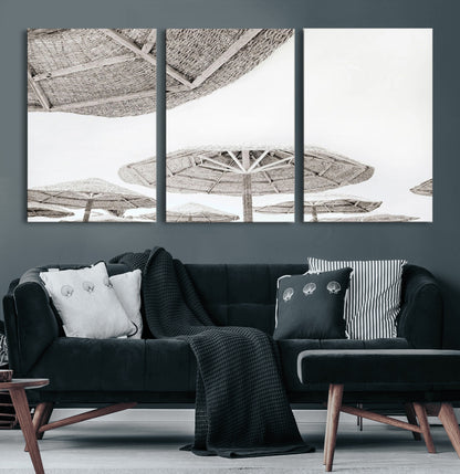 97043123-MGV-CV-60X30-3P-Beach Umbrella Wall Art – Minimalist Coastal Canvas Print, Woven Parasol Summer Decor for Bedroom, Living Room, or Modern Beach