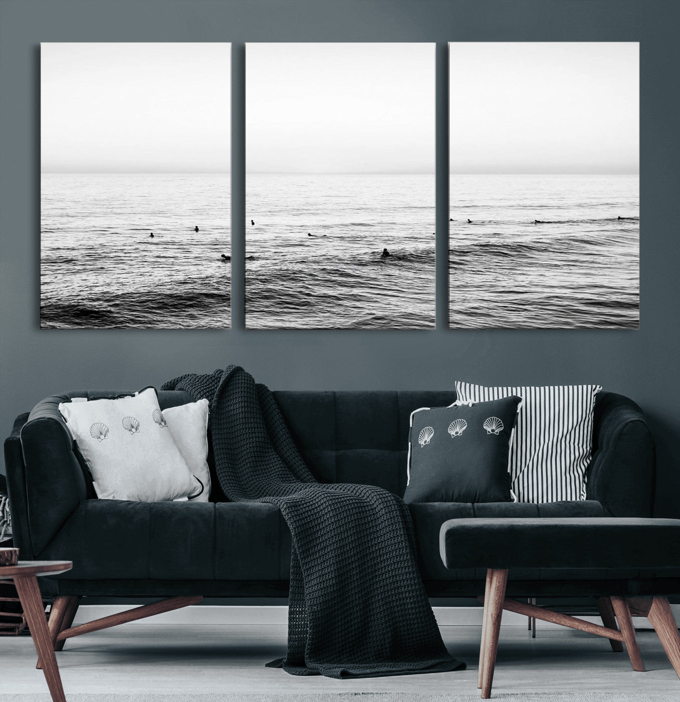 47208268-MGV-CV-60X30-3P-Surfer Ocean Wall Art – Black and White Coastal Canvas Print, Minimalist Surfing Seascape Decor for Living Room, Bedroom, or Beach