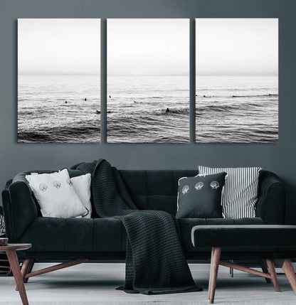 47208268-MGV-CV-60X30-3P-Surfer Ocean Wall Art – Black and White Coastal Canvas Print, Minimalist Surfing Seascape Decor for Living Room, Bedroom, or Beach