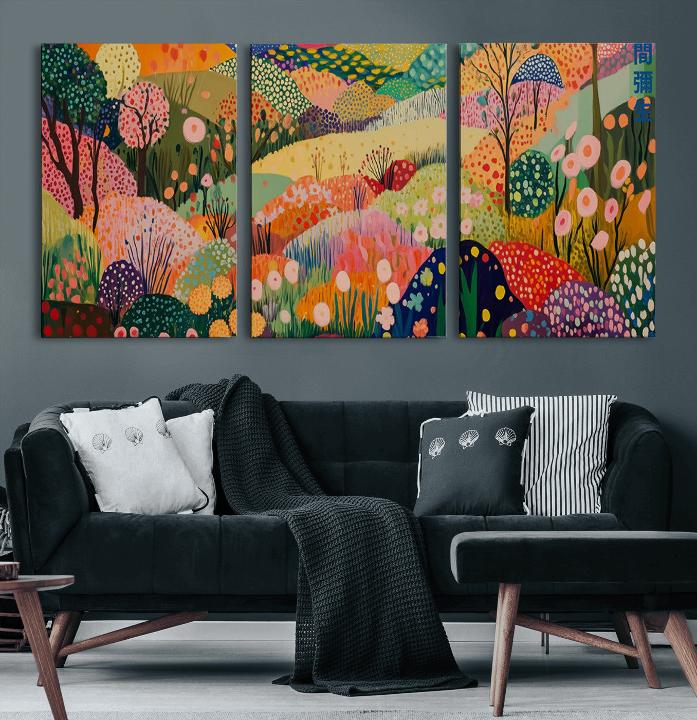 79636380-MGV-CV-60X30-3P-Colorful Abstract Landscape Wall Art – Vibrant Hills and Flowers Canvas Print, Modern Whimsical Artwork for Living Room, Bedroom,