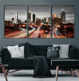 59097239-MGV-CV-60X30-3P-City Skyline Wall Art – Modern Black and White Night Canvas Print with Red Light Trails, Urban Landscape Decor for Living Room or