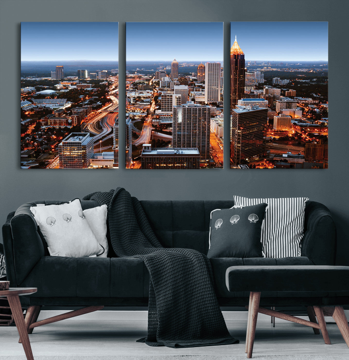 25096967-MGV-CV-60X30-3P-Atlanta Skyline Wall Art – Vibrant Cityscape Canvas Print, Modern Night Lights Urban Decor for Office, Living Room, or Apartment