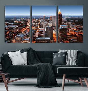 25096967-MGV-CV-60X30-3P-Atlanta Skyline Wall Art – Vibrant Cityscape Canvas Print, Modern Night Lights Urban Decor for Office, Living Room, or Apartment