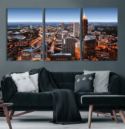 25096967-MGV-CV-60X30-3P-Atlanta Skyline Wall Art – Vibrant Cityscape Canvas Print, Modern Night Lights Urban Decor for Office, Living Room, or Apartment