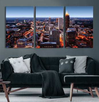 81886632-MGV-CV-60X30-3P-Atlanta Skyline Wall Art – Vibrant City Lights Canvas Print, Modern Urban Cityscape Decor for Living Room, Office, or Apartment